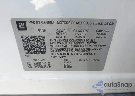 2019 Chevrolet Equinox Ls из США, поврежденный, VIN 3GNAXHEV1KS640143